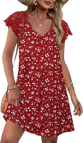 Tiny dark dots dance across crisp white fabric on this relaxed mini dress, finished with delicate lace along the short sleeves.