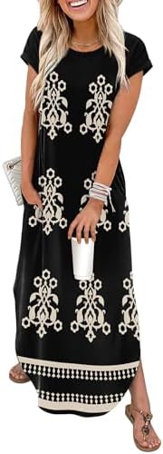 A lightweight rayon-blend maxi in a muted floral boho black print, cut with cap sleeves, deep pockets, and a graceful arc hem.