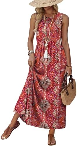 A red paisley print covers this sleeveless babydoll maxi, cut with a drop V waist and deep side pockets for sunny days.