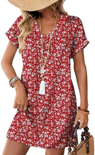 Crisp red blossoms scatter across this soft v-neck dress, cut with rolled cuffs and deep side pockets for sunny days.