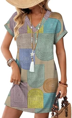Geometric prints in mixed tones bring lively detail to this relaxed t-shirt dress with cuffed sleeves and roomy side pockets.