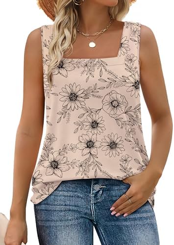 A softly rounded square neckline and warm beige flower print make this sleeveless summer top easy to tuck or leave loose.