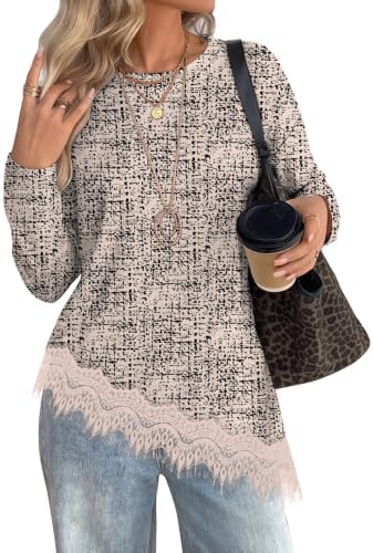 Curved lace trim balances the bold patterned knit on this long sleeve top, cut with plenty of stretch for travel days.