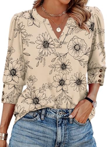 Gathered shoulders and three-quarter button sleeves give this beige floral print top an easy, tailored drape for warm workdays.