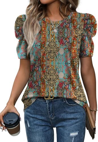 Earthy brown tones and airy puff sleeves bring a warm western feel to this soft summer tunic top.