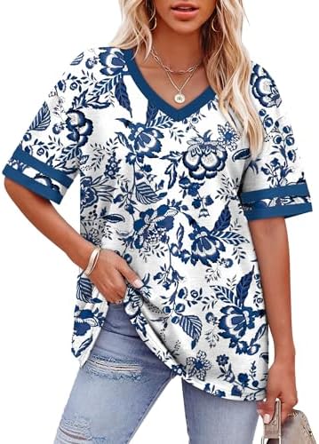 Soft blue floral print pairs with contrasting striped cuffs on this breezy half-sleeve top designed for easy summer afternoons.