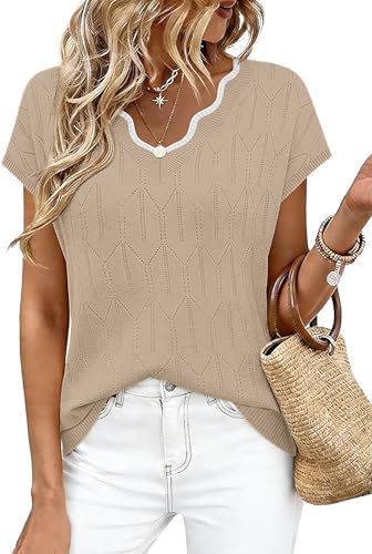 A soft diamond-knit pattern gives this warm apricot sweater tee airy texture, finished with a neat scalloped V-neck.