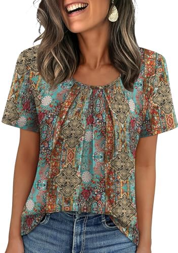 Gentle front pleating and an intricate print make this scoop neck top an easy match for white denim or linen trousers.