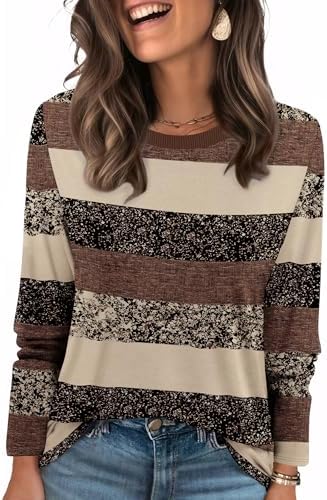 Earth-toned horizontal stripes give this ribbed-neck long sleeve tee a warm, grounded look that pairs easily with denim.