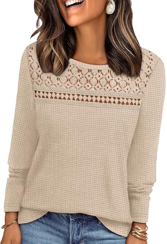 Crochet lace across the upper chest gives this airy long sleeve top a polished look for workdays or weekend dinners.
