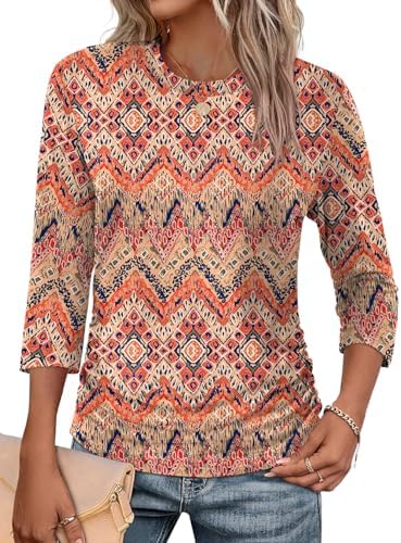 A detailed boho print covers this lightweight three-quarter sleeve top, designed with gentle side ruching and a curved hem.