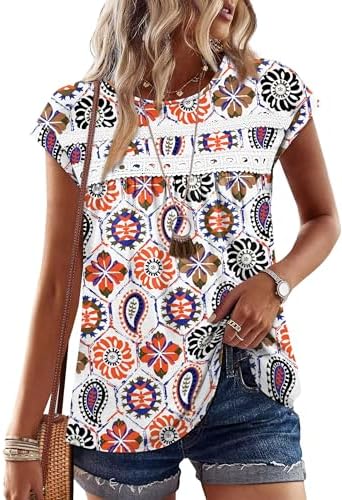 Delicate crochet lace accents and a peplum hem define this warm Floral Boho top cut with neat cap sleeves.