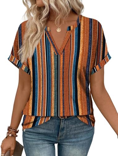 Earthy brown stripes and rolled cuff sleeves bring a relaxed feel to this loose v neck tunic cut in a soft stretch knit.