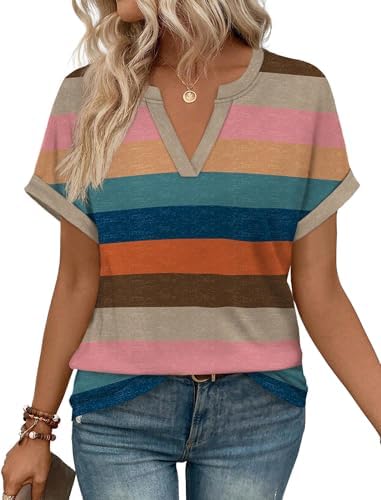 Bright bands of color run across this soft jersey knit tee, finished with folded cuffs and an easy V-neckline.