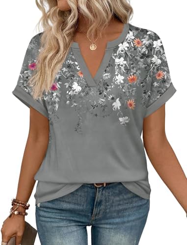 A muted grey botanical print brings quiet detail to this breezy V-neck top cut in a soft, stretchy summer knit.