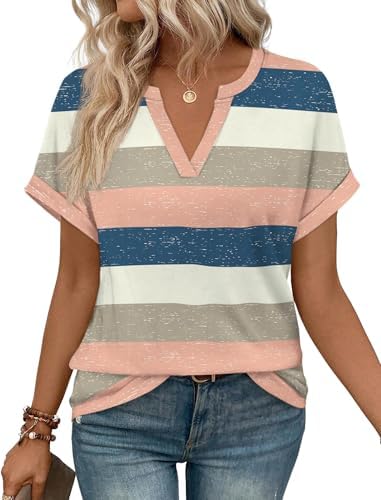 Cool tones meet soft striping in this pink and blue tunic cut with a relaxed V-neckline and rolled short sleeves.
