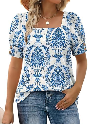 Boho blue print brings an airy coastal feel to this square-neck summer blouse with button-trimmed puff sleeves.