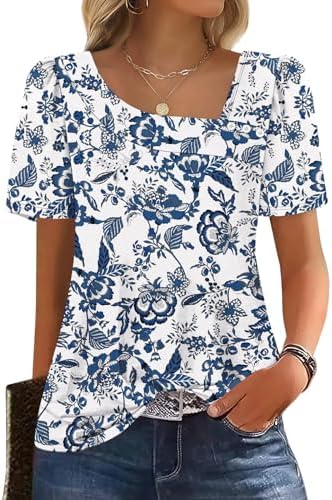 A square neckline with decorative front buttons anchors this airy puff-sleeve top in deep boho blue.