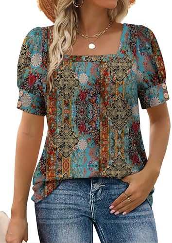 Crisp square necklines and button-detailed puff sleeves define this lightweight printed top for warm beach days and casual outings.