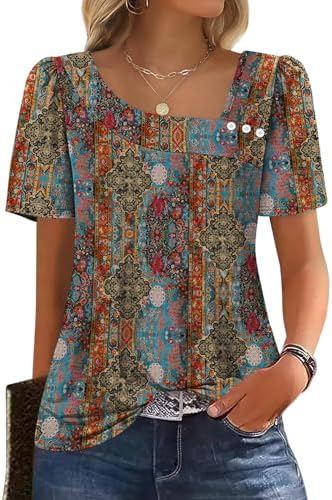 Puff sleeves and a button-trimmed square neck give this printed boho top an easy, breezy feel for warm afternoons.