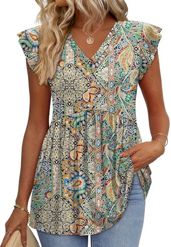 Fluttering ruffle sleeves meet an intricate boho print in this easy babydoll blouse, cut with a relaxed drape for warm beach days.
