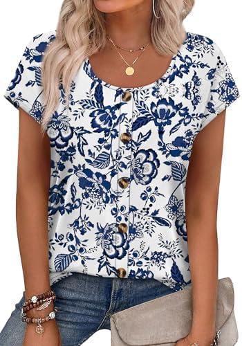 A soft blue floral print and neat cap sleeves give this lightweight knit top an easy feel for warm afternoons and casual dinners.