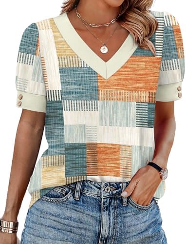 A breezy plaid top with gathered puff sleeves and front buttons, cut loose for warm afternoons in the sun.