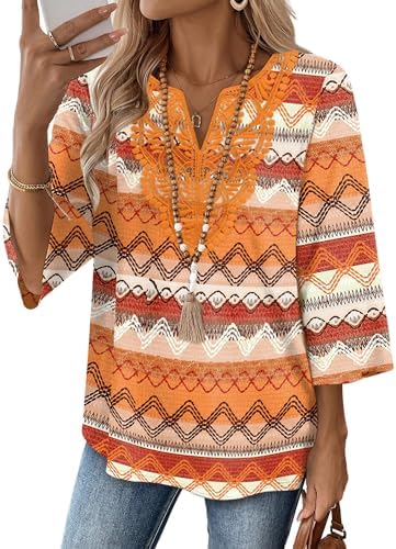 Warm orange patterning meets soft lace along the V-neckline on this flowy, three-quarter sleeve boho tunic.