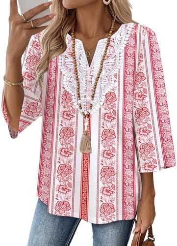 Soft pink stripes run vertically across this airy tunic, finished with delicate front lace and practical three-quarter sleeves.