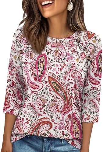 Pattern pink boho print enlivens this flowy crewneck top, finished with decorative front buttons and three-quarter sleeves.