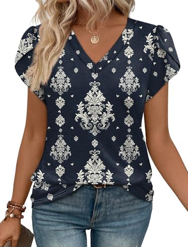 Layered petal sleeves and an intricate blue boho botanical print give this soft stretch top a refined, easygoing feel.