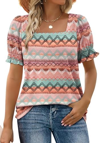 Wavy bohemian stripes bring movement to this square-neck summer top cut with ruffled elastic sleeves.