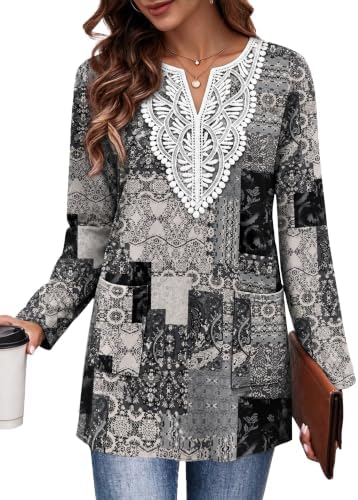 A soft patchwork print tunic finished with lace trim, long sleeves, and two practical side pockets for cool days.