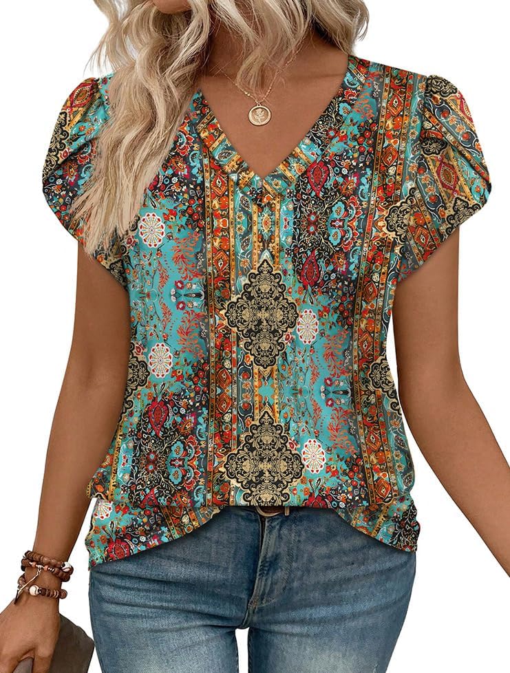 Petal sleeves with delicate lace details frame an earthy floral boho pattern on a soft, stretchy knit body.