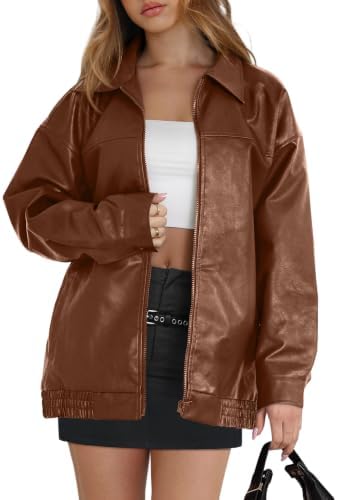 Rich caramel faux leather brings warm vintage tone to this roomy zip-front bomber cut with relaxed dropped shoulders.
