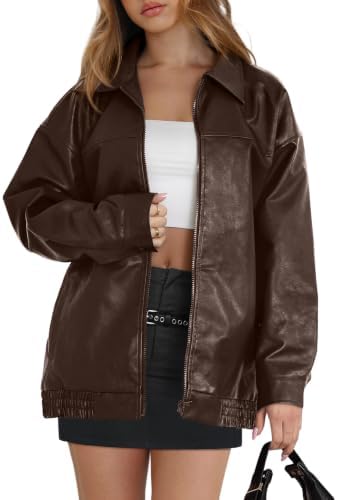 A supple brown PU leather jacket cut with a generous oversized drape, long sleeves, and clean moto zipper hardware.