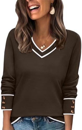Warm earth tones define this color block brown knit, finished with a wide V-neck collar and buttoned cuffs.