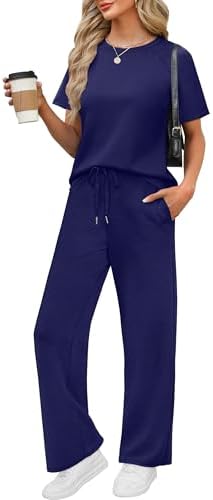 A deep navy spacer-knit duo pairs a crewneck colorblock tee with airy wide-leg pants for easy summer packing.