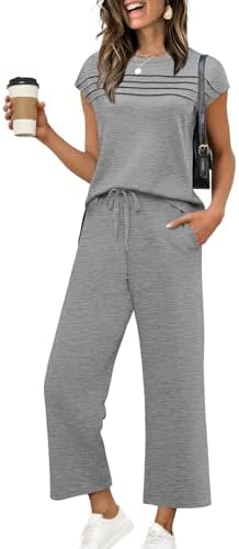 Heathered grey spacer knit brings a clean, modern look to this easy matching set featuring cap sleeves and cropped wide-leg pants.
