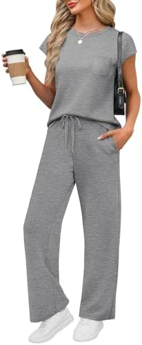 A soft heather grey two-piece set cut in drapey spacer knit with cap sleeves, wide legs, and deep side pockets.