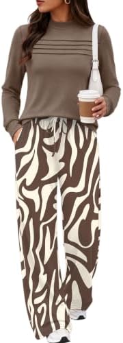 A mock neck top pairs with wide-leg pants in our brown zebra print for travel days and casual work hours.