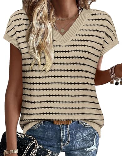 Alternating beige and black stripes give this open-stitch summer sweater a crisp graphic finish from office desk to weekend trip.
