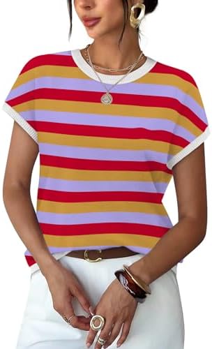 Even horizontal stripes define this soft knit sweater, cut with cap sleeves and a tidy crew neck for warm office days.