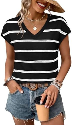 Classic black and white horizontal stripes give this breezy open-knit short sleeve sweater a crisp, tailored look for work or travel.
