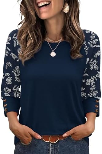 Blue floral raglan sleeves and three decorative buttons give this soft summer knit top an easy, relaxed drape.
