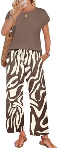 Earthy brown zebra stripes give this soft cap-sleeve tee and wide-leg pant set a grounded look for warm travel days.