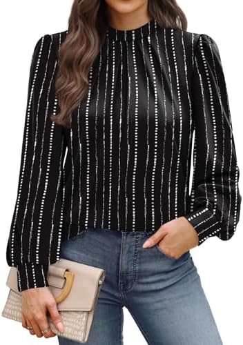 Crisp black stripes give this mock-neck blouse a clean graphic look, cut in a light stretch knit with soft pleats.