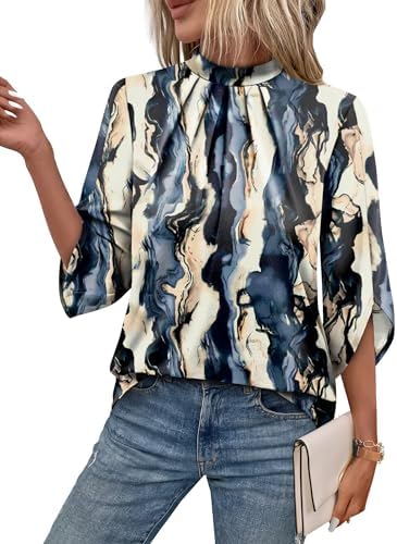 Swirling tie dye patterns give this mock neck blouse a lively look that tucks neatly into workday trousers or weekend denim.