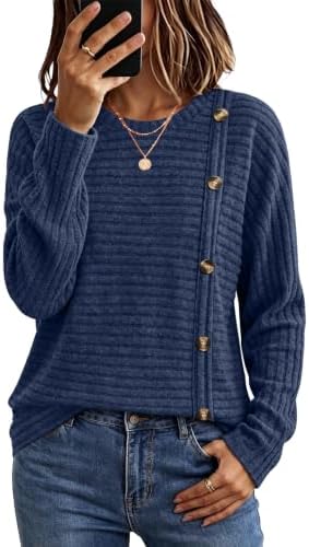 Horizontal ribs and neat chest buttons give this deep navy blue knit tunic a polished finish that sits comfortably past the hips.