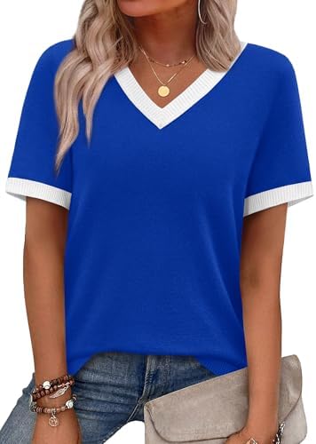 Crisp blue colorblocking meets a fine knit sweater top with a neat V-neckline that works at school or on the weekend.